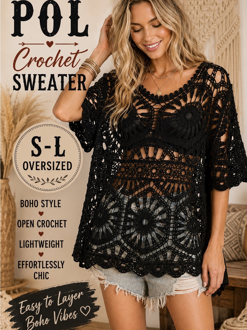 POL Black Crochet Oversized Women’s Sweater